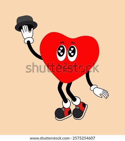 Cartoon heart-shaped character with hands, fingers, face and hat. Funny, amusing face.Valentine's Day icon.Heart-shaped icon.Cartoon icon. Hearts with eyes in red color.