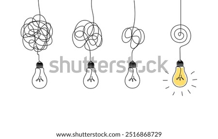 One continuous line drawing of tangled and scribble wires with light bulbs. Concept of complex problem solving process and Clarifying idea in simple linear style. Doodle vector illustration