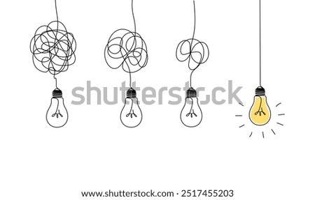 One continuous line drawing of tangled and scribble wires with light bulbs. Concept of complex problem solving process and Clarifying idea in simple linear style. Doodle vector illustration