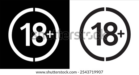 18 Plus Icon Set. Adult Plus Age Circle Vector Symbol in Black Filled and Outlined Style. Eighteen Years Limit Sign.

