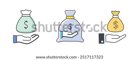 Dollar and hand sign icon set of 3. Palm holds money bag symbol. Circle and square buttons. Flat design set. Money bag on hand vector icon, Hand holding money bag, savings icon in trendy style,