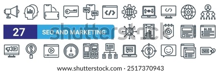 set of 27 outline web seo and marketing icons such as megaphone, think, smartphone, viewer, clipboard, keyword, ads, tag vector thin line icons for web design, mobile app.