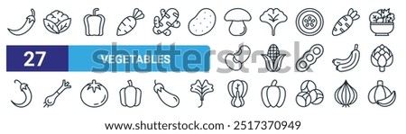 set of 27 outline web vegetables icons such as red chili pepper, cauliflower, paprika, ginkgo, corn, leek, bok choy, garlic vector thin line icons for web design, mobile app.