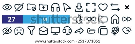 set of 27 outline web ui icons such as eye, heart, folder, expand, rewind, gamepad, forward, heartbeat vector thin line icons for web design, mobile app.