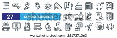 set of 27 outline web school subjects icons such as presentation, spelling, student, books, piano, exam, clipboard, art vector thin line icons for web design, mobile app.