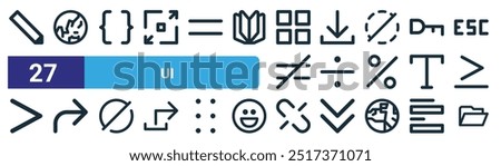 set of 27 outline web ui icons such as edit, globe, json, download, divided, forward, disconnected, open folder vector thin line icons for web design, mobile app.