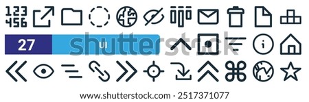 set of 27 outline web ui icons such as number, external link, folder, email, dot, eye, import, favorite vector thin line icons for web design, mobile app.