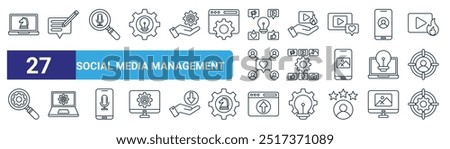 set of 27 outline web social media management icons such as digital strategy, comment, podcast, trending video, content management, user profiles, upload, ting vector thin line icons for web design,