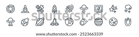 modern astronomy icon pack. perfect for linear ui designs featuring vector magnet, mercury, venus, meteor, full moon, spacecraft, uranus and more icons for mobile and web apps.