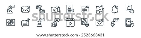 modern social media interactions icon pack. perfect for linear ui designs featuring vector hand, voice, comment, favourite, reels, recommend, like and more icons for mobile and web apps.