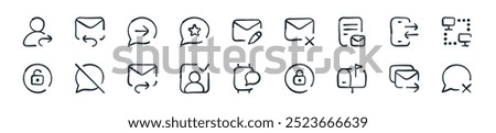 modern communication icon pack. perfect for linear ui designs featuring vector refuse, send mail, mailbox, private, message, add contact, forward message and more icons for mobile and web apps.