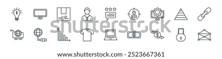 modern web marketing icon pack. perfect for linear ui designs featuring vector connection, security, exchange, dollar bill, laptop computer, tshirt, bar chart and more icons for mobile and web apps.