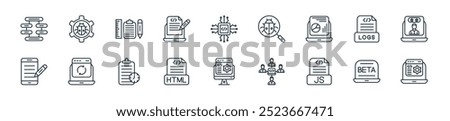 modern computer programming icon pack. perfect for linear ui designs featuring vector web optimization, laptop, js file, code, software developer, html file, project and more icons for mobile and