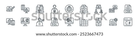 modern computer programming icon pack. perfect for linear ui designs featuring vector c sharp, code, application tings, color palette, web interface, sql file, programmer and more icons for mobile