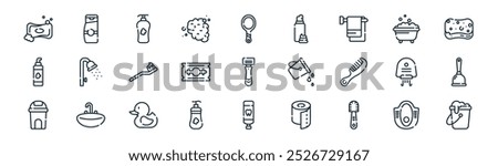 linear bathroom icon pack. vector thin line wc, shampoo, soap bottle, bathtub, razor blade, plunger, tooth paste, bucket icons suitable for apps and websites ui designs