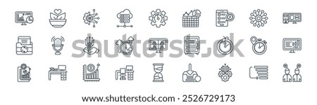 linear productivity icon pack. vector thin line low priority, healthy food, automate, organization, efficiency, monitors, hourglass, face to face icons suitable for apps and websites ui designs