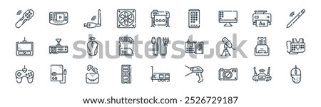 linear computer peripherals icon pack. vector thin line modem, portable, wifi, inkjet, memory card, fax, pci card, mouse icons suitable for apps and websites ui designs