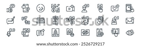 linear social media interactions icon pack. vector thin line video, chat, emoji, comment, conversation, mail, favourite, view icons suitable for apps and websites ui designs