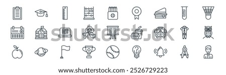 linear back to school icon pack. vector thin line protactor, graduation, ruler, tube, teacher, owl, ball, student icons suitable for apps and websites ui designs