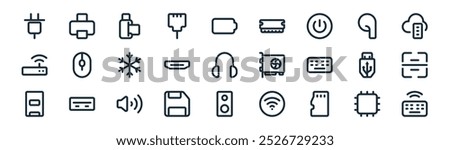 linear personal computer icon pack. vector thin line chip, printer, card reader, earbud, hdmi, scanner, speaker, wireless keyboard icons suitable for apps and websites ui designs