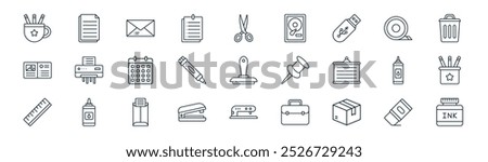 linear office stationery icon pack. vector thin line eraser, files, envelope, sticky tape, marker, pencil case, hole puncher, ink bottle icons suitable for apps and websites ui designs