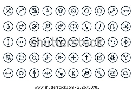 50 linear arrows icon pack. vector thin line exchanging, trend, maximize, squiggly, swipe down, synch, sync icons suitable for apps and websites ui designs.