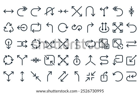 50 linear arrow icon pack. vector thin line one way, forward, next, no u turn, minimize, exchanging, u turn icons suitable for apps and websites ui designs.