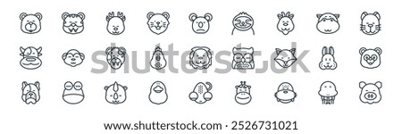 linear animal icon pack. vector thin line snake, tiger, deer, hippopotamus, chicken, panda, chameleon, pig icons suitable for apps and websites ui designs