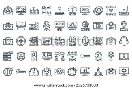 50 linear online game icon pack. vector thin line level up, video game, keyboard, chat, game pad, cloud computing, play icons suitable for apps and websites ui designs.