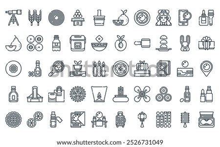 50 linear mid autumn festival icon pack. vector thin line mooncake, harvest, mooncake, tuskimi dango, mortar, hallabong, moon gazing icons suitable for apps and websites ui designs.