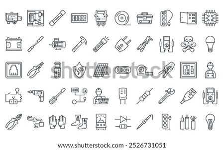 50 linear electrician tools icon pack. vector thin line on off, pcb board, fuse, switch, electric meter, insulating tape, tool box icons suitable for apps and websites ui designs.