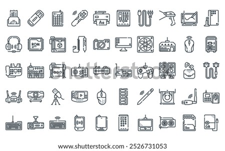 50 linear computer peripherals icon pack. vector thin line pci card, flash drive, numeric, laser, inkjet, tablet, rca cable icons suitable for apps and websites ui designs.