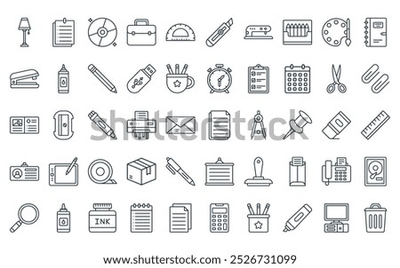 50 linear office stationery icon pack. vector thin line files, sticky note, compact disc, briefcase, protractor, paper cutter, hole puncher icons suitable for apps and websites ui designs.