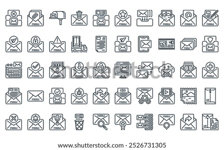 50 linear mail icon pack. vector thin line web mail, attachment, mailbox, trash, document file, bookmark, archive icons suitable for apps and websites ui designs.