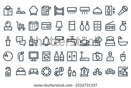 50 linear hotel and services icon pack. vector thin line water tap, food service, chef hat, note, bunk bed, air conditioner, air conditioner icons suitable for apps and websites ui designs.