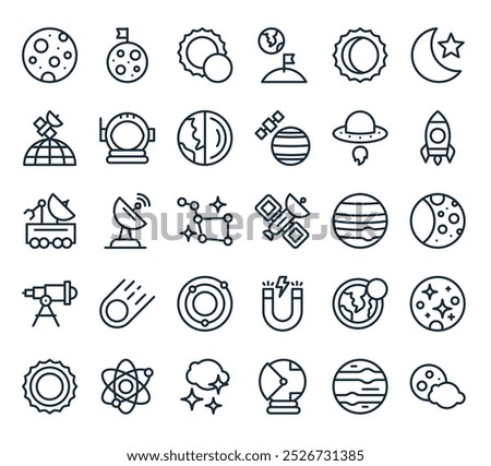 modern astronomy icon pack. perfect for linear ui designs featuring vector planet, mars, astronaut, cloud, atom and more icons.