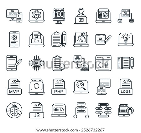 modern computer programming icon pack. perfect for linear ui designs featuring vector bug, dependencies, aorithm, laptop, js file and more icons.