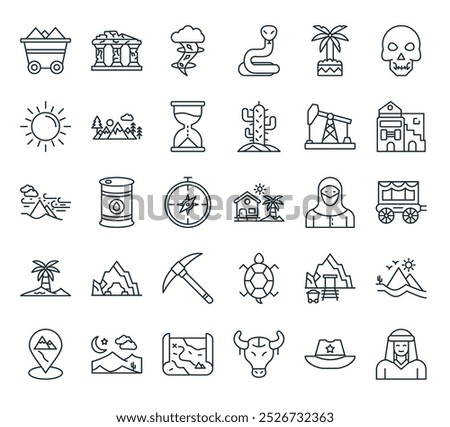 modern desert icon pack. perfect for linear ui designs featuring vector bedouin, cowboy hat, bull skull, map, night and more icons.