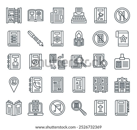 modern library icon pack. perfect for linear ui designs featuring vector important topics, bible, find, no music, online library and more icons.