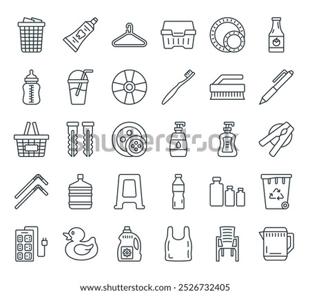 modern plastic products icon pack. perfect for linear ui designs featuring vector jug, chair, plastic bag, detergent, duck and more icons.