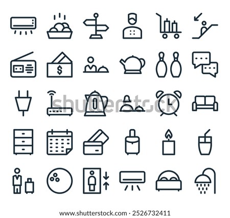 modern hotel and services icon pack. perfect for linear ui designs featuring vector shower, bed, air conditioner, elevator, bowling ball and more icons.