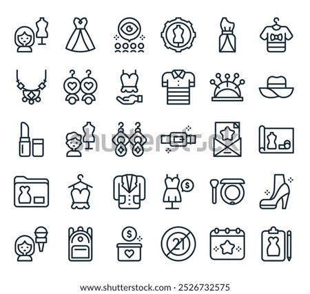 modern fashion week icon pack. perfect for linear ui designs featuring vector clipboard, calendar, age limit, fundraising, backpack and more icons.