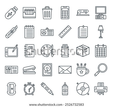 modern office stationery icon pack. perfect for linear ui designs featuring vector paper shredder, compact disc, liquid glue, marker, alarm clock and more icons.