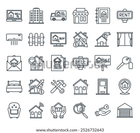 modern real estate icon pack. perfect for linear ui designs featuring vector garage, key, search, property, smart house and more icons.