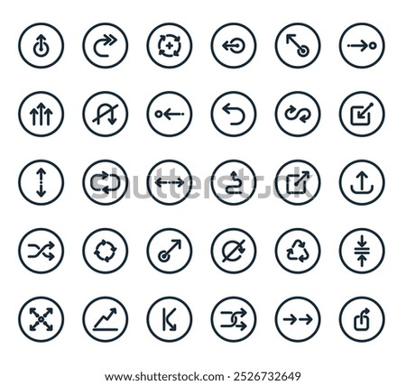 modern arrows icon pack. perfect for linear ui designs featuring vector share, arrow right, shuffle, bouncing, trend and more icons.