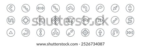 linear arrow icon pack. vector thin line turn down, top left, controllers, down left arrow, arrow cycle, directional minimize, forward option icons suitable for apps and websites ui designs