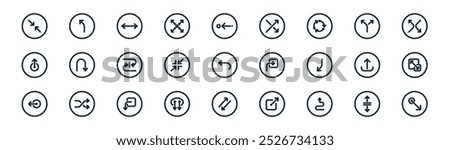 linear arrows icon pack. vector thin line split, up left arrow, horizontal arrow, split, zoom out, maximize, up and down arrow, drag down icons suitable for apps and websites ui designs