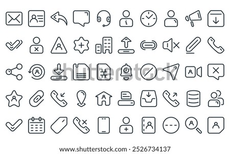 50 linear contact icon pack. vector thin line notification, contact list, reply, chat, customer service, contact info, clock icons suitable for apps and websites ui designs.