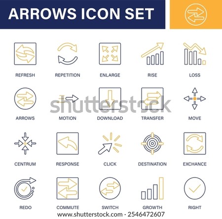 Arrows icon set . Refresh, repetition, enlarge, rise, loss, arrows, motion, download, transfer, move . Editable line best icon set.