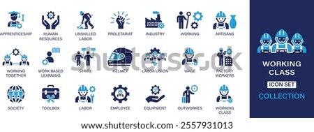 Working icon set. Apprenticeship, human resources, unskilled labor, proletariat, industry, working, artisans, work based learning, strike, wage, helmet.  And solid icon set collection.